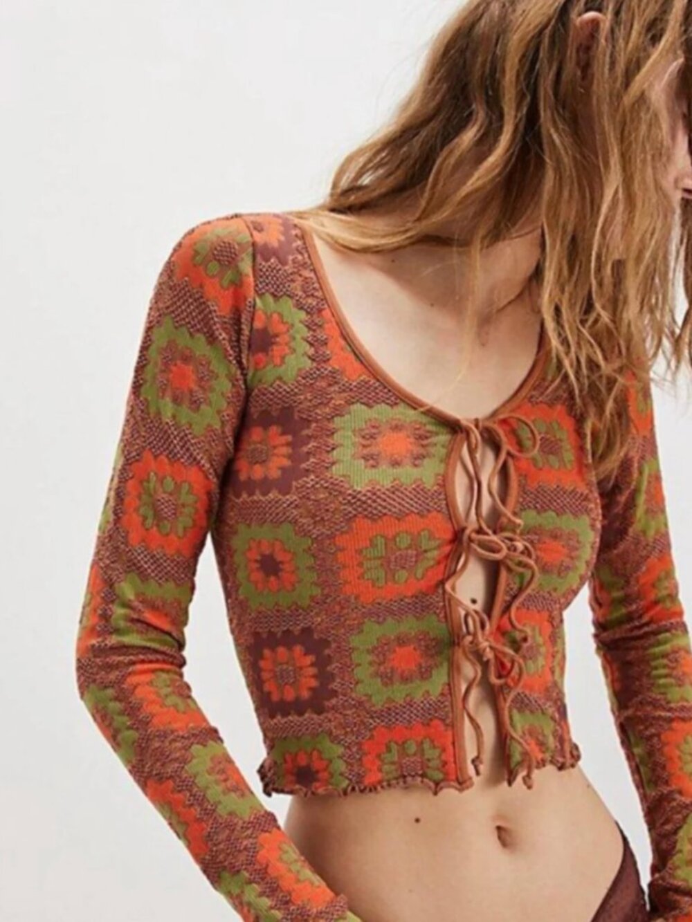 Free People Lace-Up Floral Cardigan - Rust, Olive, Brown